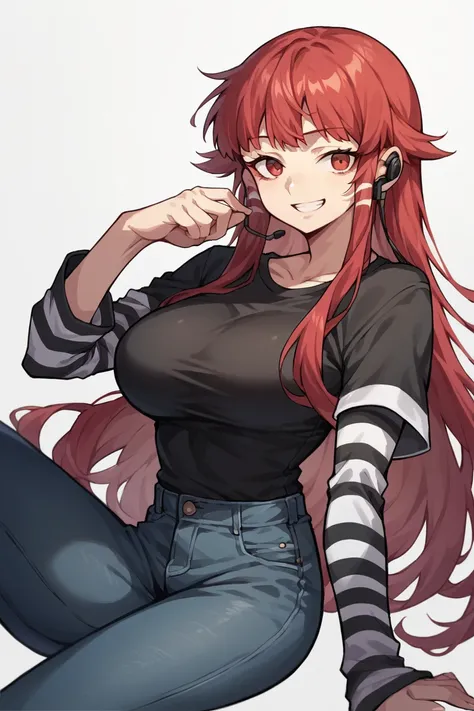 1 girl, solo, black short sleeve t-shirt, layered sleeves, white long sleeves, jeans, Chidori Yoshino, red hair, red eyes, long hair, black t-shirt over white long sleeves, large breasts, confident smile, striped sleeves, black and white stripes, black t-s...