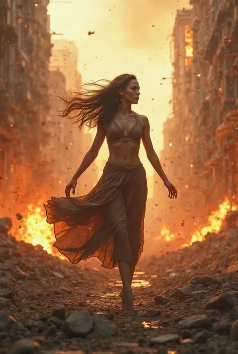 Brunette dancer dancing in the middle of a destroyed city on fire 