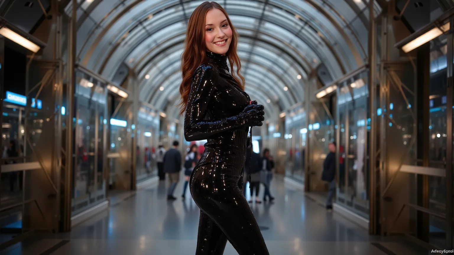  (chyler leigh :2) (wear square black glasses:2) (bodypaint black:2) (plan de corps entier:2) ( Gare de Shibuya ) jeune fille de 25 ans, (melting black slime drips catsuit:2) (elle porte une tenue d'astronaute:2) (ses vêtements sont brillants en latex:2), ...