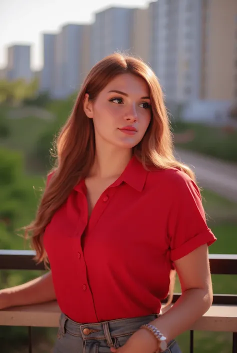 woman standing on the balcony. Hat ein rotes shirt an. In the background you can see the apartment blocks,  style photorealistic ,  sharp focus, very detailed, sunlight, Detail