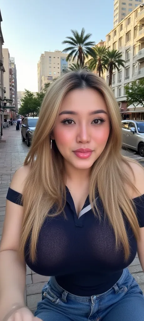 Now , picture of a woman in the city,  beugt sich nach vorne Photography, Photo, ( large)balllarge, ,extremely huge   ,   and a darkblue Poloshirt with v neck, blonde hair ,  high resolution ,,   huge botox lips,  face full of botox, botox face, botox face...