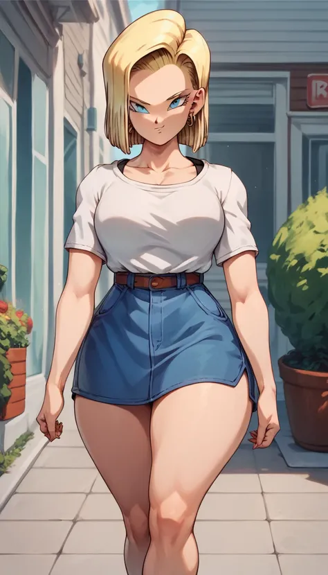 Android 18 blonde with short hair blue eyes big boobs thick thighs big white blouse short red walking in the square thick thighs big abdomen healed sexy big boobs