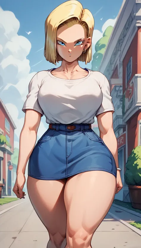 Android 18 blonde with short hair blue eyes big boobs thick thighs big white blouse short red walking in the square thick thighs big abdomen healed sexy big boobs