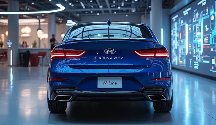 "A 2025 Hyundai Sonata N Line in Oxford Blue, displayed in a luxury digital showroom, showing its rear view. The car features sleek LED taillights, a sporty rear bumper, dual exhaust tips, and an aggressive spoiler design. The license plate clearly display...