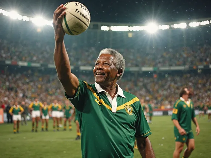 "Nelson Mandela stands proudly on the rugby field, wearing the green and gold 'Springboks' jersey, symbolizing unity and reconciliation. He holds a rugby ball high in the air, preparing to throw it to his teammates, with 'Freedom' written on the ball. Surr...