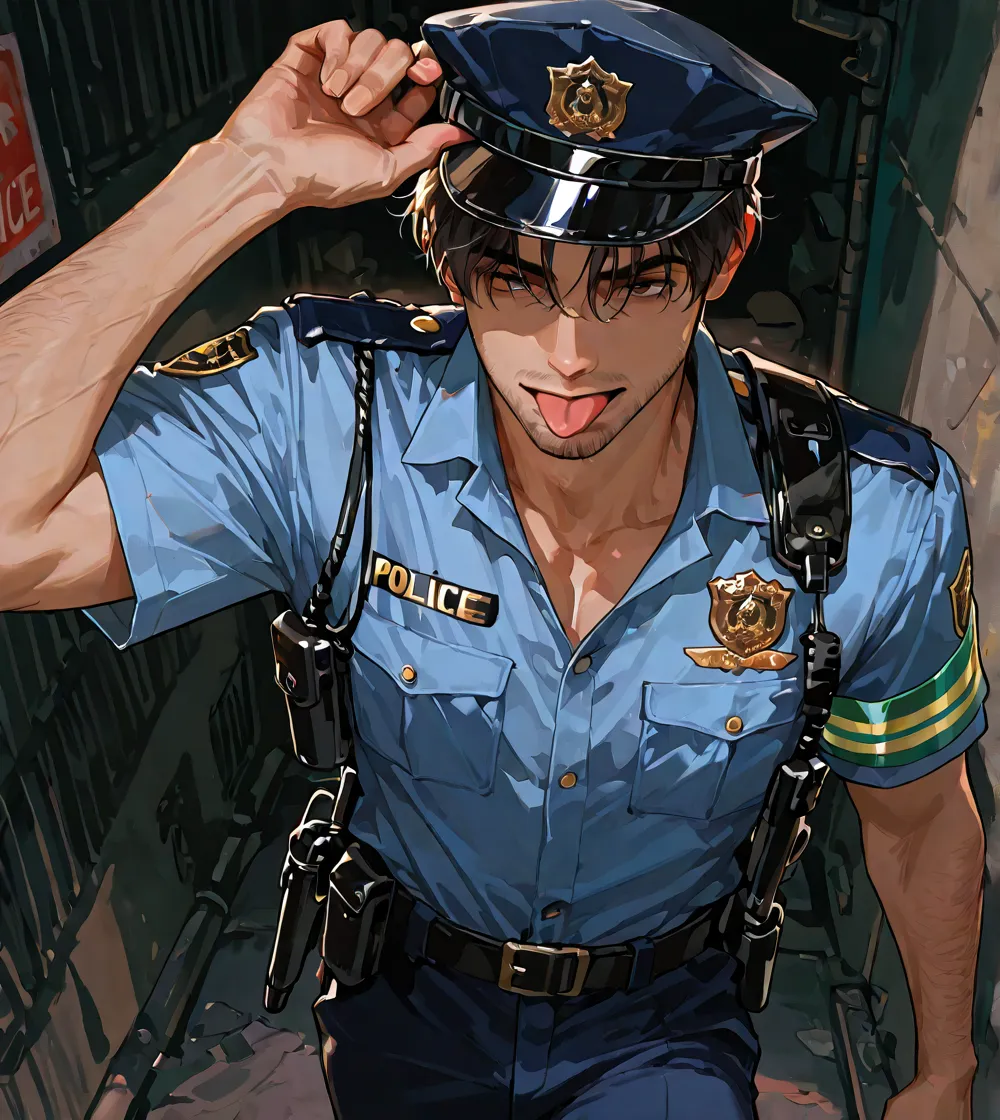 1boy, dark hair, adult, police uniform, tongue out, police hat, holds the brim, in a alley