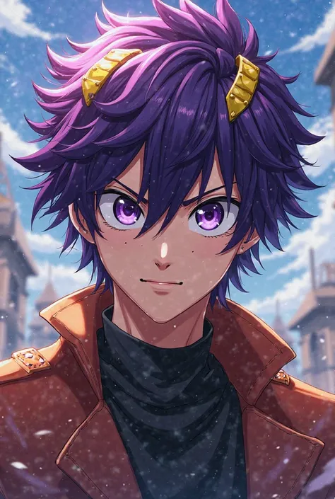 A handsome anime guy with purple hair and yellow straps in his hair. He has purple eyes. A my hero academia style