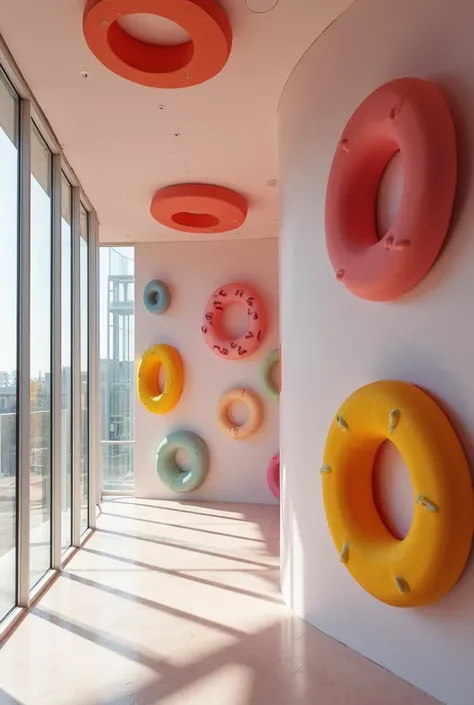 Make a graphic of an office room and on the wall mounted acoustic panels in the shape of colored donuts with a hole, the structure of the beginnings must be smooth 