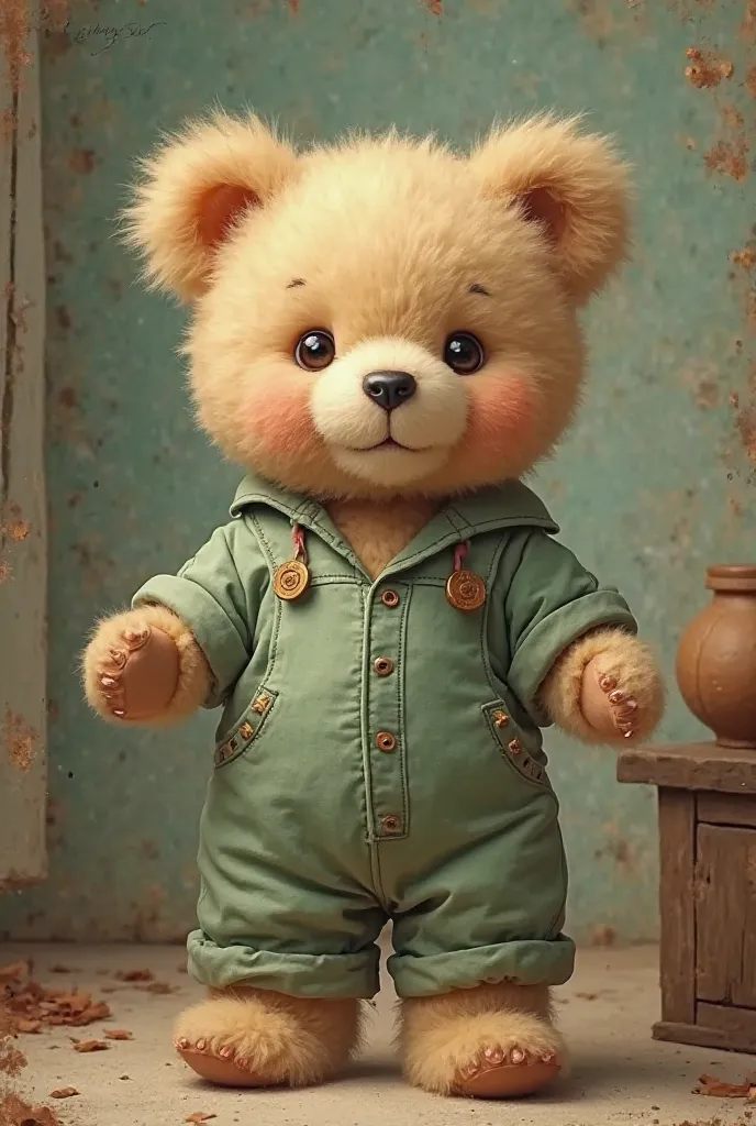 Vintage baby bear with green jumpsuit