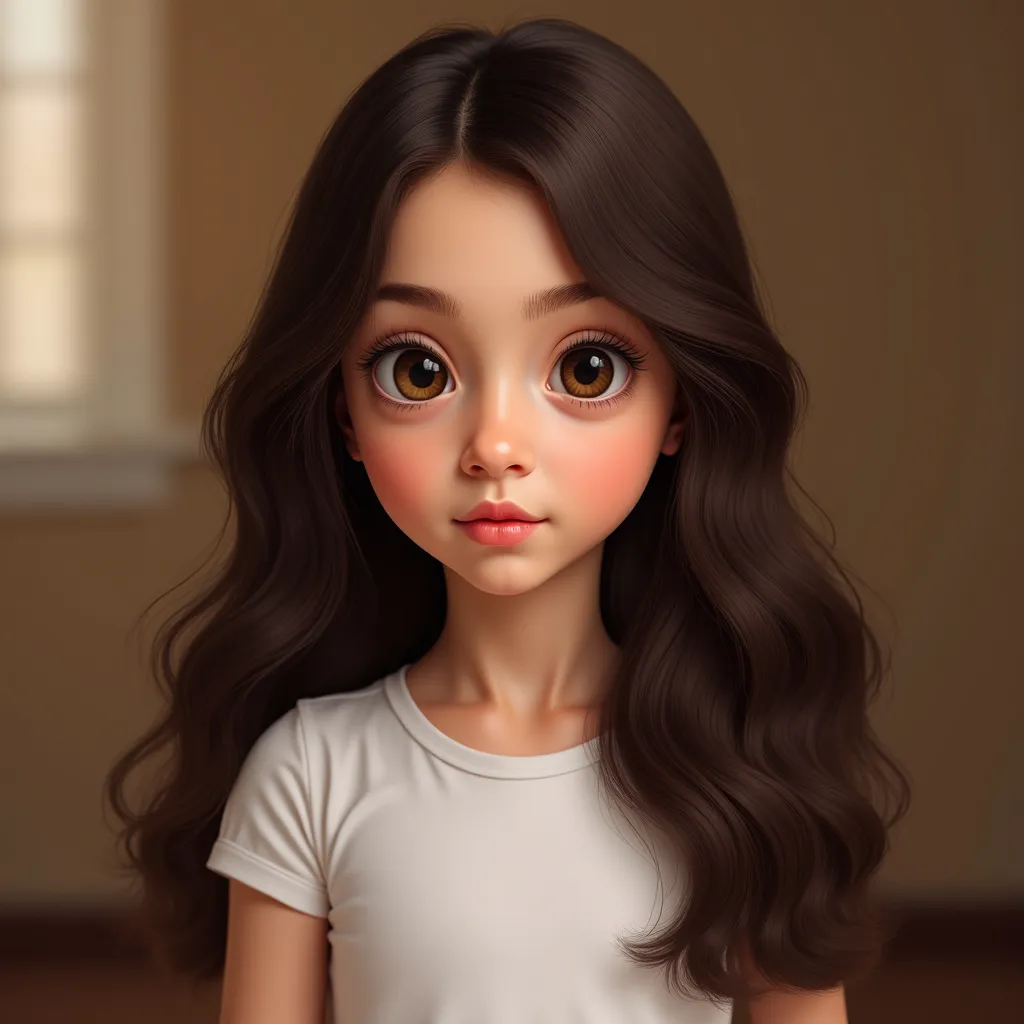 "A highly realistic portrait of a  girl with long, thick, wavy dark brown hair. Her large, expressive brown eyes and well-defined eyebrows give her an innocent yet curious look. Her skin is smooth and youthful, with a natural glow. Her lips are soft pink, ...