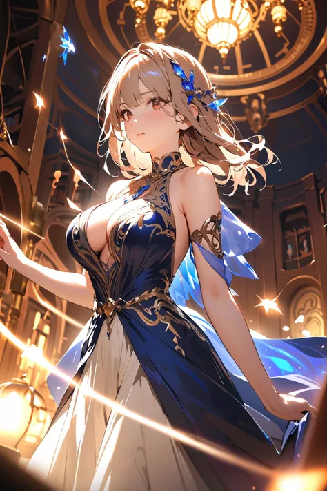 1 girl, (cute face), medium-length hair, (serious look), (large breasts), wearing an elegant fantasy mage gown, (embroidered patterns), floor length, (radiant aura), (fair complexion), 
BREAK 
crystal cavern, glowing crystals, (casting magic:1.2), swirling...