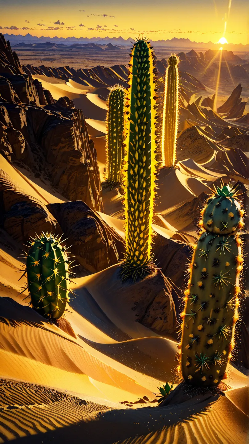 A vibrant yet calming sky in shades of tangerine, lemon yellow, and soft apricot, as the sun sets over a tranquil desert landscape. The sand glows with the warm light, and a few cacti stand tall, their shadows stretching long and peaceful across the ground...