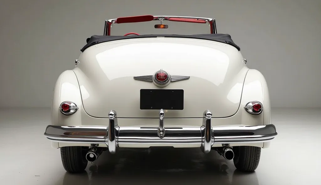  Back face view of painted with Shiny white color rules 1947 buick super convertible in large shape car in large size with 1947 buick super convertible logo on its large detail grill in Shiny white colour with angular sporty design captured from close back...