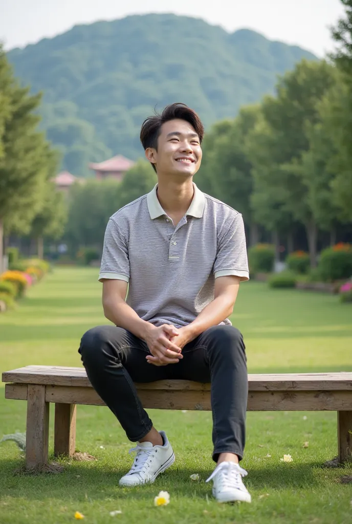  Full professional photography of a Korean guy,  Striped polo shirt, black jeans white sports shoes she is sitting smiling on the bench 
Lawn garden background and hilltop view 