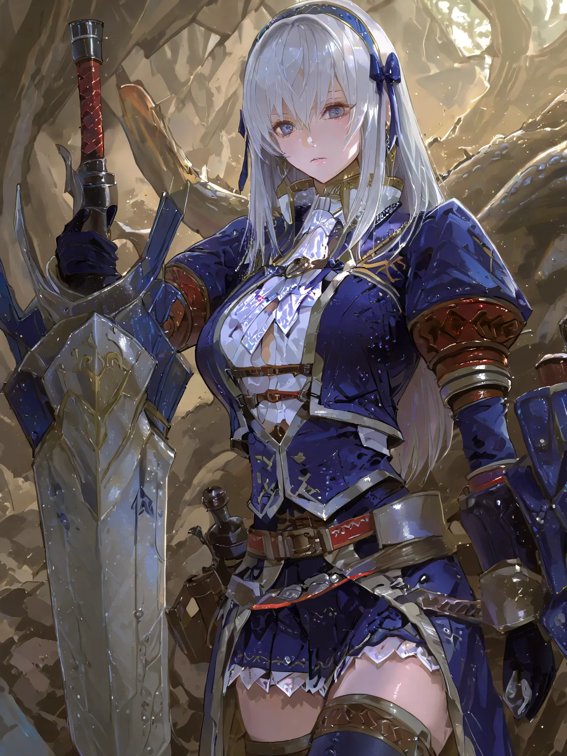 Monster Hunter、Asul equipment、 one woman、最high quality、 masterpiece、Ultra High Definition、high quality、 Silver Hair、 Winery、front、Great Sword、the weapon is the back、Put your hand on the pattern、noon、 blue eyes、watching viewers