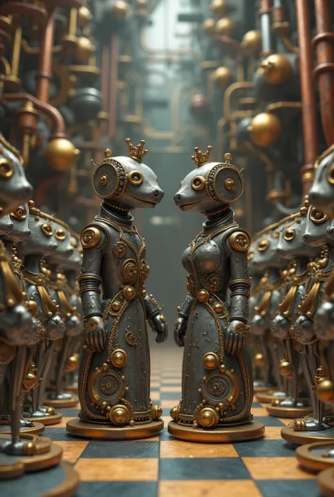 steampunk。Anthropomorphic chess pieces。form a queue centered around the king and queen。