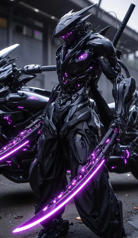 Slim robot with ninja design, purple luminous eyes, and plasma blades on both arms, still maintains black and purple like the motorbike.