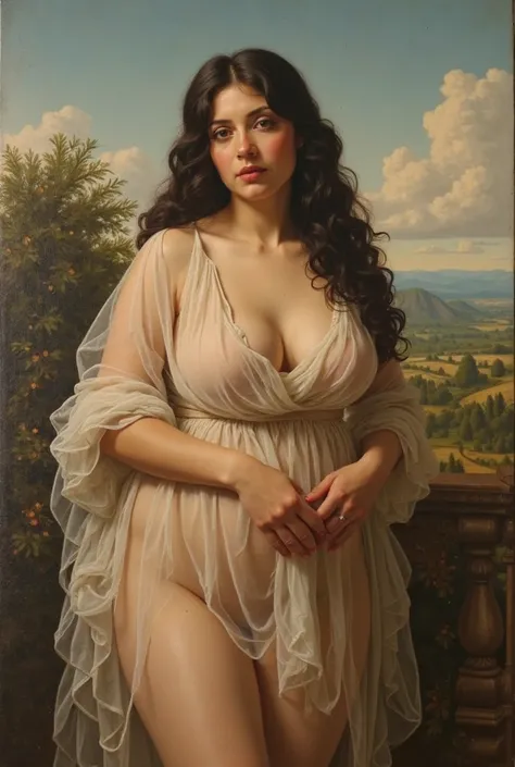 A painting drawn in the style of Raphael, a beautiful Caucasian latina, dark hair gorgeous woman with large breasts dressed in a transparent dress.