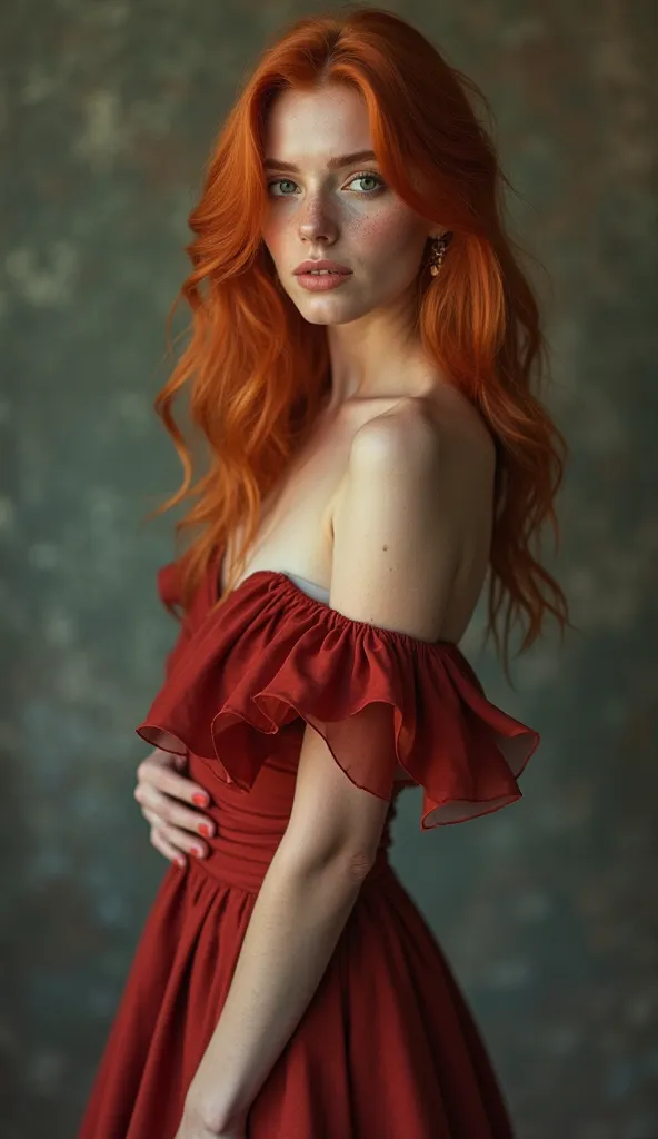 "A breathtakingly beautiful woman with a petite stature and striking red hair cascading in soft waves over her shoulders. Her delicate facial features are well-defined, with large, expressive emerald green eyes that radiate warmth and confidence. Her lips ...