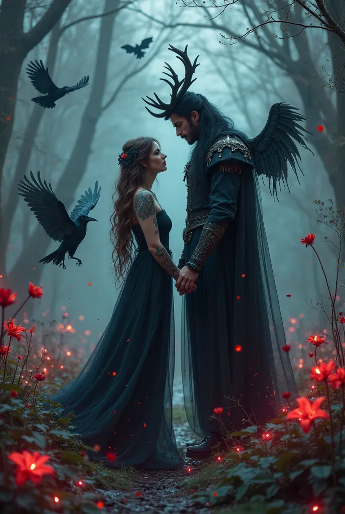 a brown haired blue eyed gothic woman a forest goddesses with broken wings and antlers walking sadly through a a burning lake with neon rain dark haunted crows and bats red spider lilies bokeh effect a very tall dark horned short black hair tattoos man. Sh...