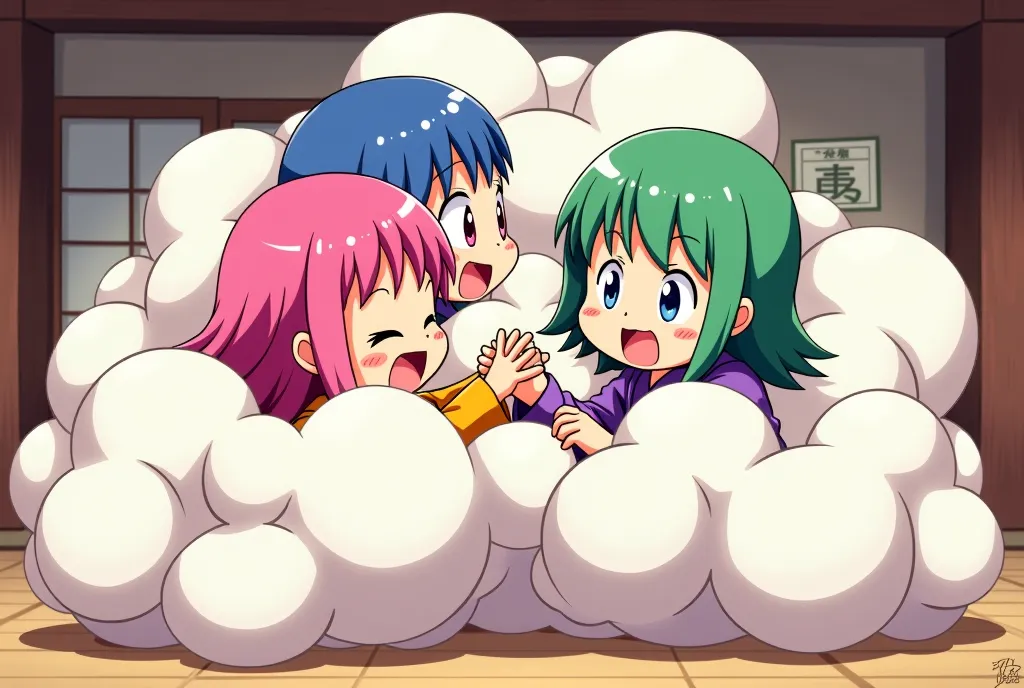 An anime-style illustration depicting many monk-girls playfully wrestling with each other inside a doujo comical fight cloud.
each monk-girl has different colored hair.
their faces,hands,and feet are visible emerging from the cloud as they tussle humorousl...