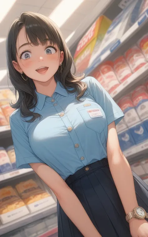 Lawson clerk at the convenience store、 Gold、Lawson&#39;s uniform、looks like a cute girl and zooms up her face quite a bit。Super close face。Face ultra close-up 。Bring your face super close、 angle from the front 、 Watch viewers 、 surprised face in the stomac...