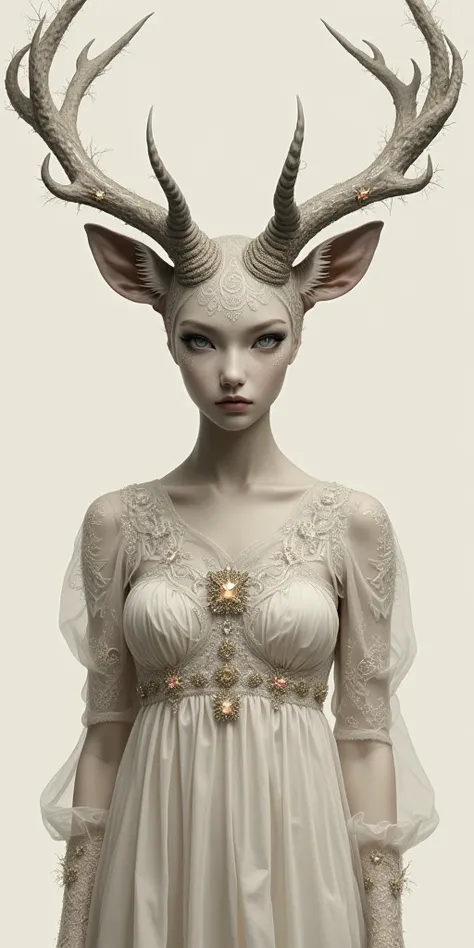 facing the front。The head is a deer with a delicate coat drawn on it、The eyes are embedded with sparkling jewels、It has splendid horns 。The body is a human female、 girl wearing a long sleeve dress 