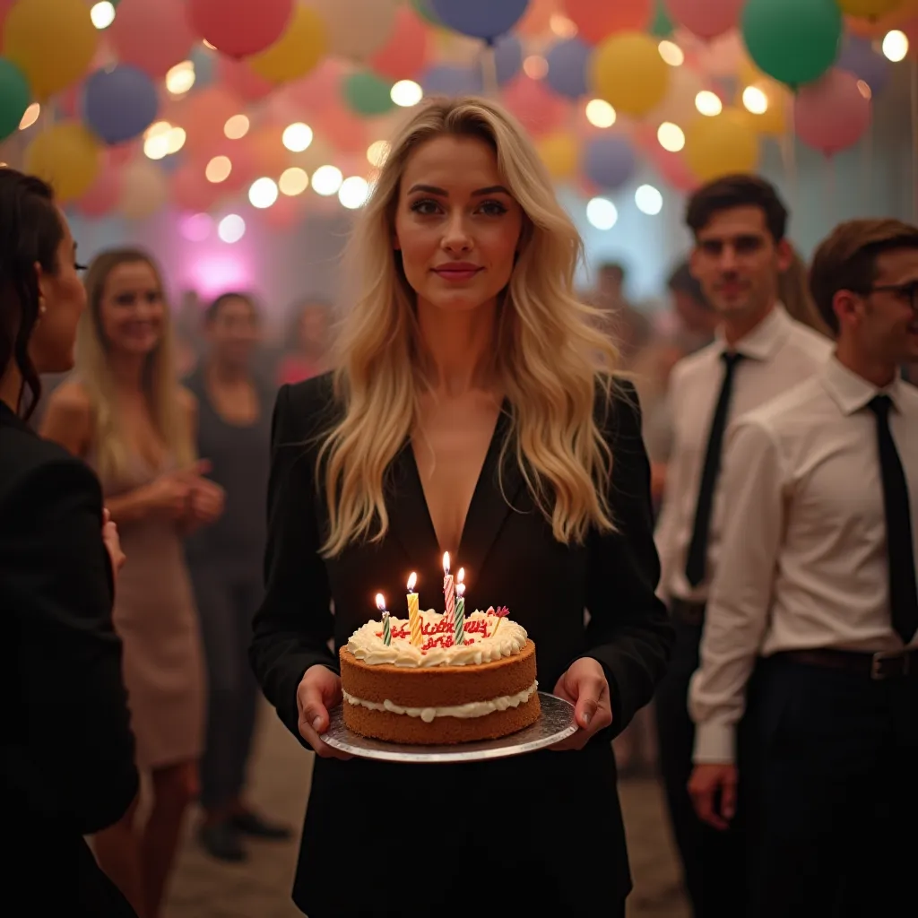 Fashion editoral photo image of gray smoke and that depicts my realism A beautiful girl with long blonde hair in a black pantsuit in a room full of happy guests in a white shirt and black tie holding a birthday cake filled with colorful balloons Happy Birt...