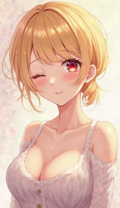 1girl, Solo, Looking at viewer, Short Hair, Blonde Hair, Simple background, Closed Mouth, Ponytail, Red Eyes, High Quality, High Resolution, HD, Detail, Perfect Breasts, Happy, Half-Closed Eye, Anime, Anime Style, Artistic, Digital Art, Soft Lighting, Abov...