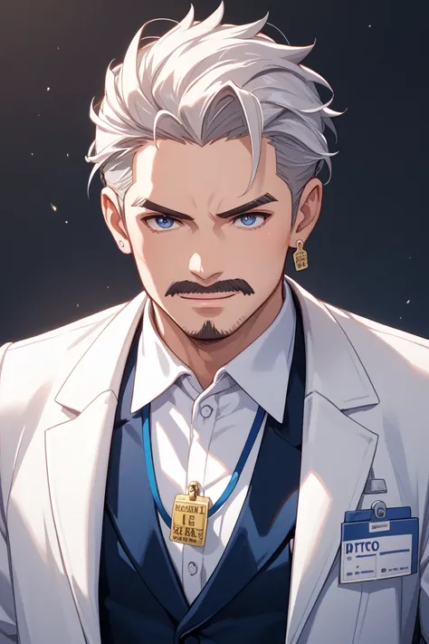 character sheet、Middle-aged Japanese male doctor with dark hair and long perm、black mustache and chin、Mr.々 expression、Mr.々Angle、 anime、Plain white background