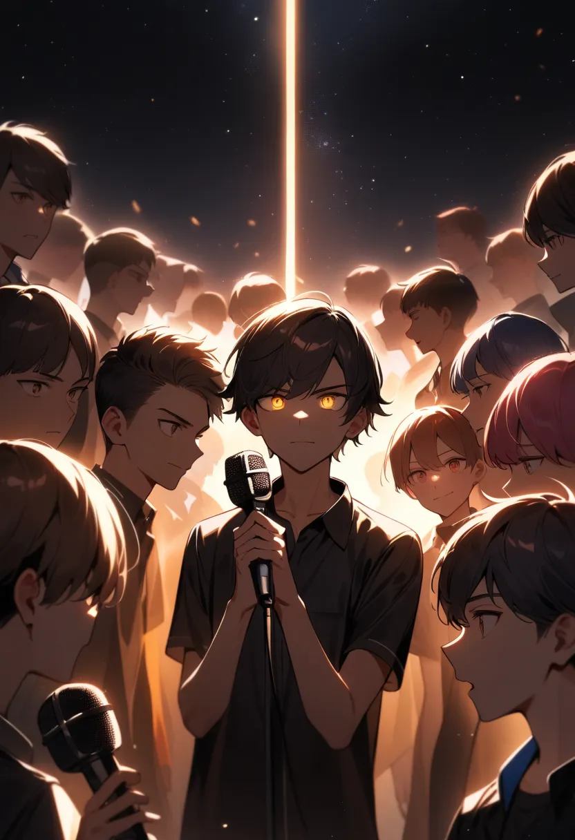 Best work, youth boy, six people, cool,short hair,dark space, backlit, looking straight ahead, facing forward, holding microphone, shining eyes, ready face