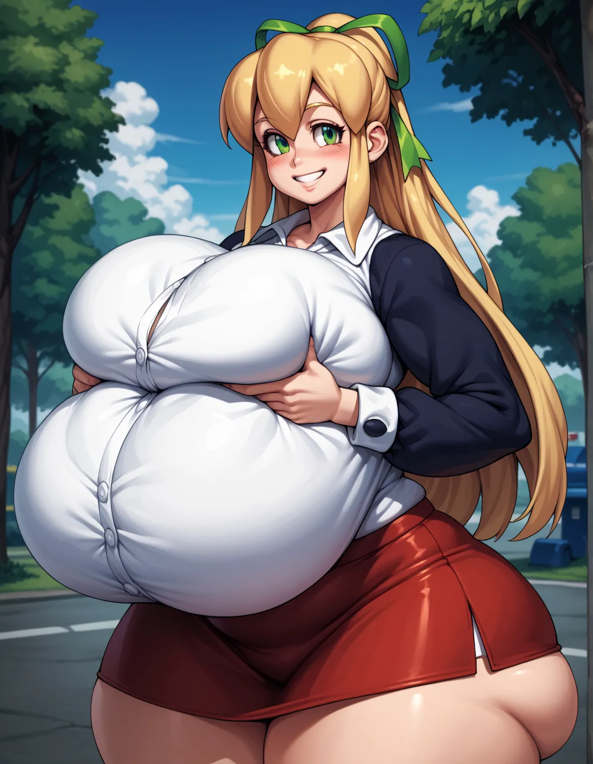 (masterpiece quality, high resolution, (park background:1.0), (1 girl), cool, Roll (Mega Man), android, long hair, green eyes, blonde hair, green ribbon, (hyper hips: 1.0) soft smile, (hyper breast: 1.5), fat ass, fat thighs, wearing skirt, red skirt, ((lo...