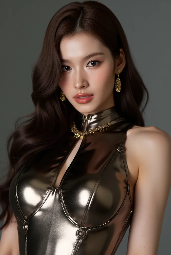  photorealistic、  young woman, full body、charming body line、Big Breasts、 brown hair,  thick brown hair,、Cyanosis,  gold and magenta metallic latex bodysuit、  shiny metallic latex fabric 、  Beautiful Gold Earrings  ,  golden necklace 