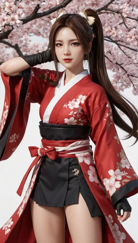 Mai Shiranui, (best quality, Ultra-detailed), (realistic:1.37), beautiful and detailed face, Ultra-realistic texture, Delicate face, Red lipstick, long-lasting colors. high definition, 8k. expression with a slight cute smile.