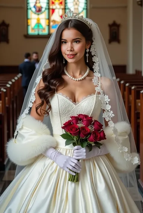 A young brunette bride in a regal wedding dress, with a white satin lace wedding dress, an intricate embroidery, a ball gown skirt, flaring at the waist, with a dramatic train. She wears extra-long white gloves, a pearl necklace, pearl earrings, and a flow...