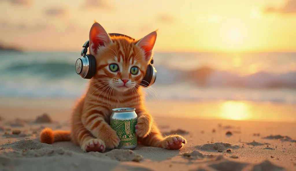 real life cinematic full hd, ginger kitten, green eyes, little kitten sits on the beach chilling on the beach with his wireless heard phones and a beer