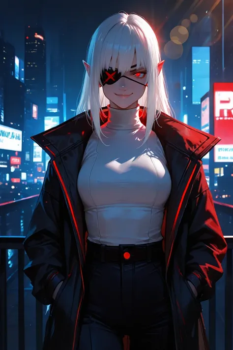 1girl, (solo), anime girl with long white hair and red eyes, girl with white hair, girl in white turtleneck, ((eyepatch)), pointed ears, ((vampire)), smirk, smug, closed mouth, cowboy shot, perfect white haired girl, white haired deity, digital cyberpunk a...