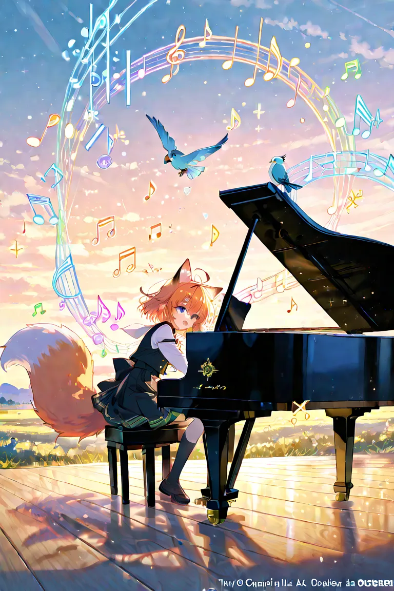  Sunny、 on the hill、 grand piano 、colorful musical notes 、bird、Fox