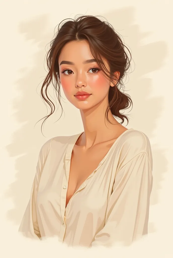 A stylized, minimalistic digital illustration of a young woman with soft,  earthy colors  (Beige, braun, Terracotta, creme). Her hair is loosely pinned up, some strands fall gently on the face. She wears a soft, flowing linen blouse. The background is subt...