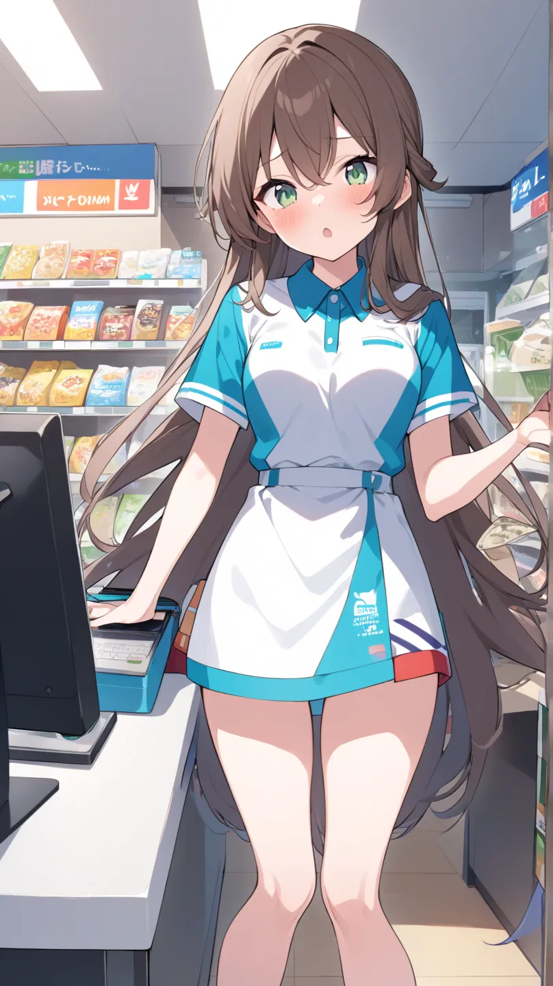 Girl working at convenience store、is facing the front、combines a FamilyMart uniform with a Lawson uniform、Standing still、( female college student)、 no background、is erotic、hair brown、Light green eyes、Semi-long hairstyle、half up、A  with an energetic persona...