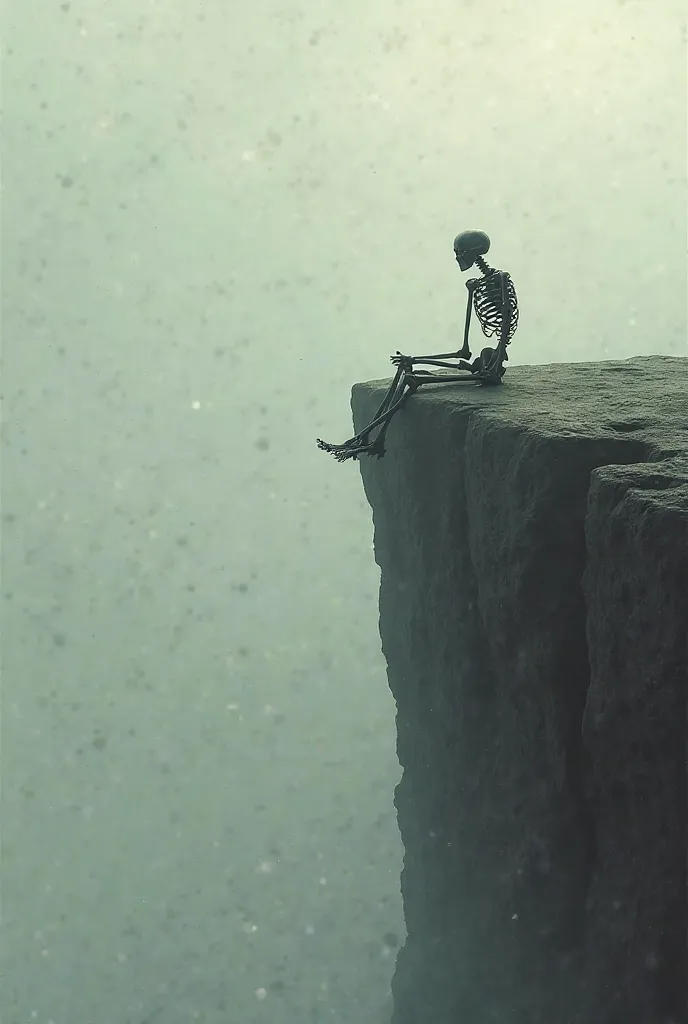 An image of a skeleton depicting solitude sitting on the edge of a cliff with feet hanging down and looking out to nothing