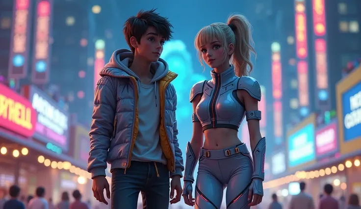 A 17-year-old boy and girl,  side by side , in an amusement park of the future, dressed in futuristic clothes, Night scene with holograms, She is blonde and chubby and he is dark and thin, They look at the camera 