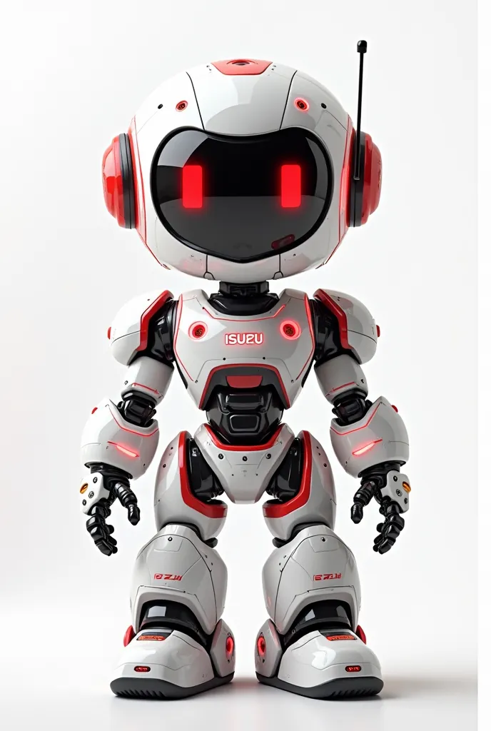 Mecca Robot, a combination of white, red and black, It says (ISUZU) on the chest, White background, Very realistic, finest details, very natural, cinematic, Have a friendly face, Front look, The robot will be the mascot of a company called ISUZU. 