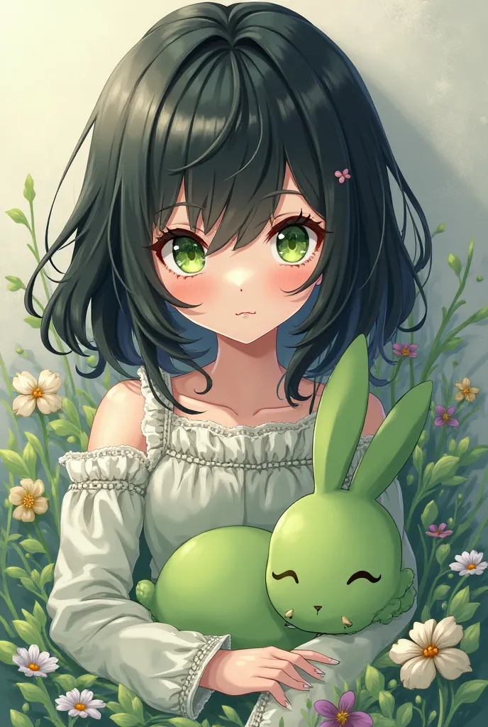 Anime girl black hair and green eyes, with green rabbit, twitch banner