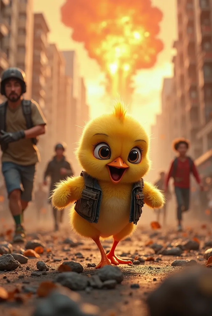 A chaotic scene in a bustling city, Where an adorable little yellow chick with big eyes runs desperately screaming through the streets full of rubble. He wears a frayed adventure vest and has an expression of fear and. Behind him, A meteor shower falling f...