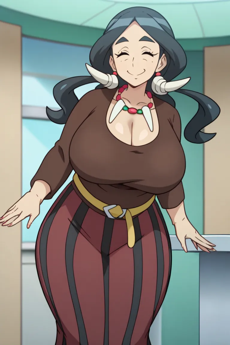 milf,score_9, score_8_ up, score_7_ up,Drasna,eyes closed,black hair,mature woman,necklace,Yellow Belt, Vertical striped skirt, Brown shirt, Long Sleeve,thick eyebrows,solo,alone,smile,Big Breasts ,big ass,whole body,(huge juicy breasts:1.2),looking at vie...