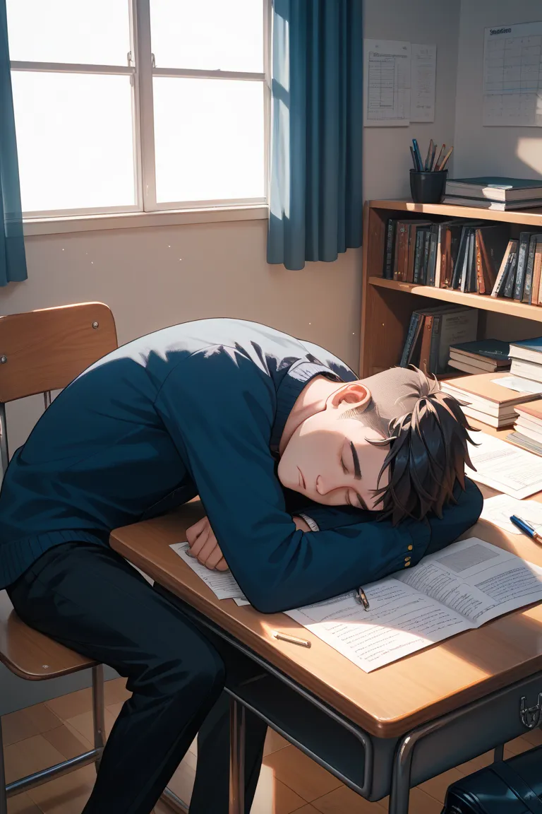 Human boy sleeping face down at his desk in a dark room