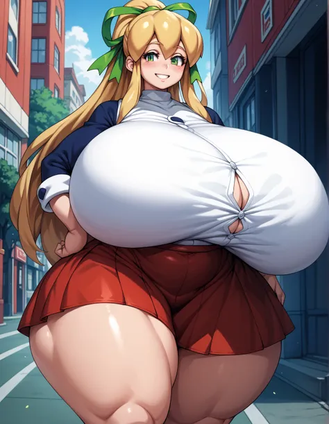 (masterpiece quality, high resolution, (park background:1.0), (1 girl), cool, Roll (Mega Man), android, long hair, green eyes, blonde hair, green ribbon, (hyper hips: 1.0) soft smile, (hyper breast: 1.5), fat ass, fat thighs, wearing skirt, red skirt, ((lo...