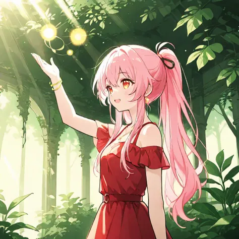  Pink long hair tied with a double ponytail ， Amber Apricot Eye，Petite cute girl in red dress，Adventure in the jungle of a fantasy world