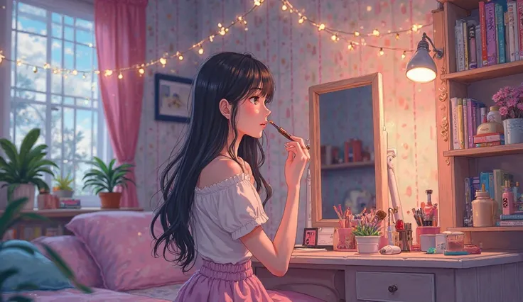 90s anime art style image, of an 18 year old girl getting ready and putting on makeup in her aesthetic bedroom.